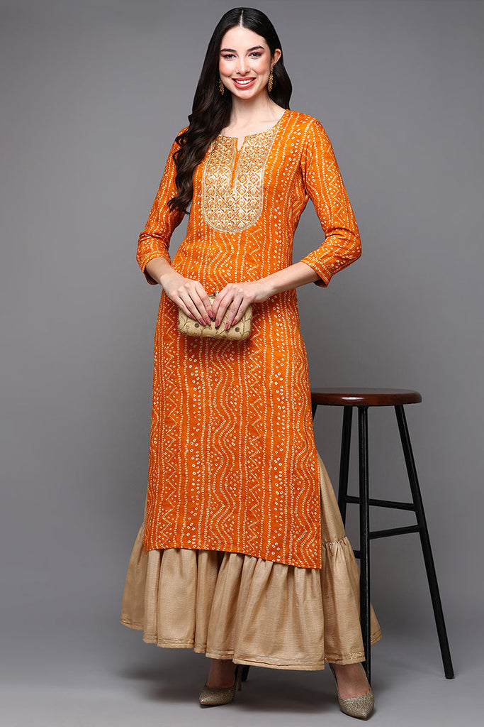 Orange Viscose Rayon Bandhani Straight Kurta VCK9473