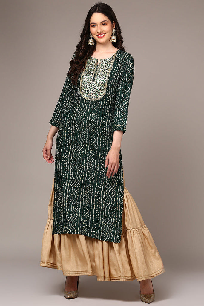 Green Viscose Rayon Bandhani Printed Straight Kurta VCK9474