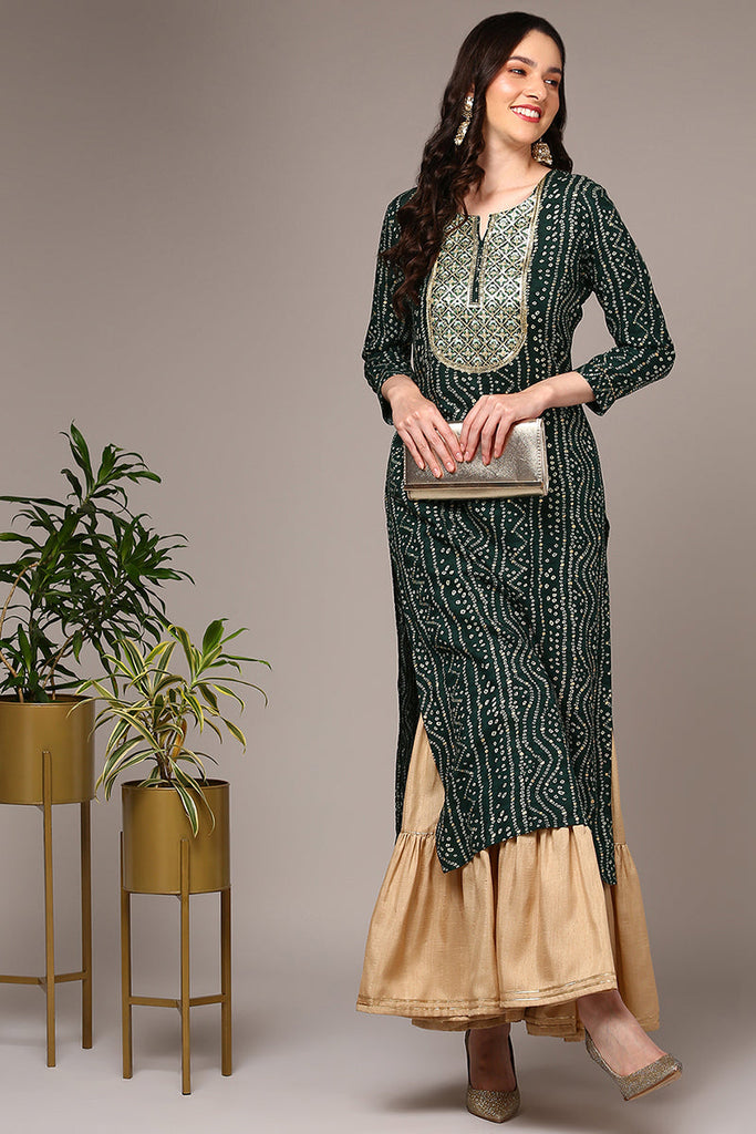 Green Viscose Rayon Bandhani Printed Straight Kurta VCK9474