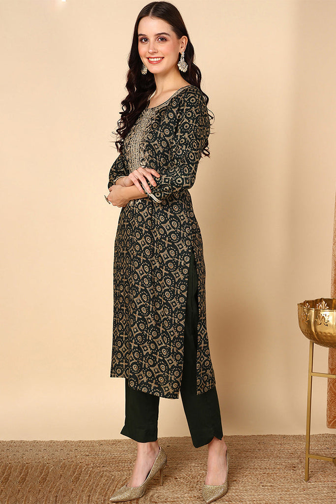 Green Viscose Rayon Ethnic Motifs Printed Straight Kurta VCK9476