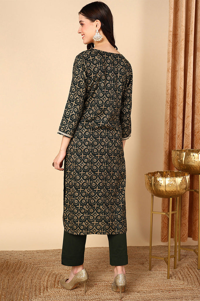 Green Viscose Rayon Ethnic Motifs Printed Straight Kurta VCK9476