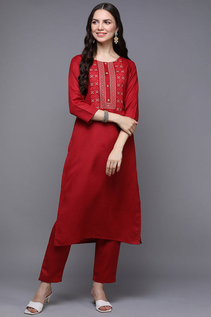 Red Silk Blend Ethnic Motifs Straight Kurta VCK9479