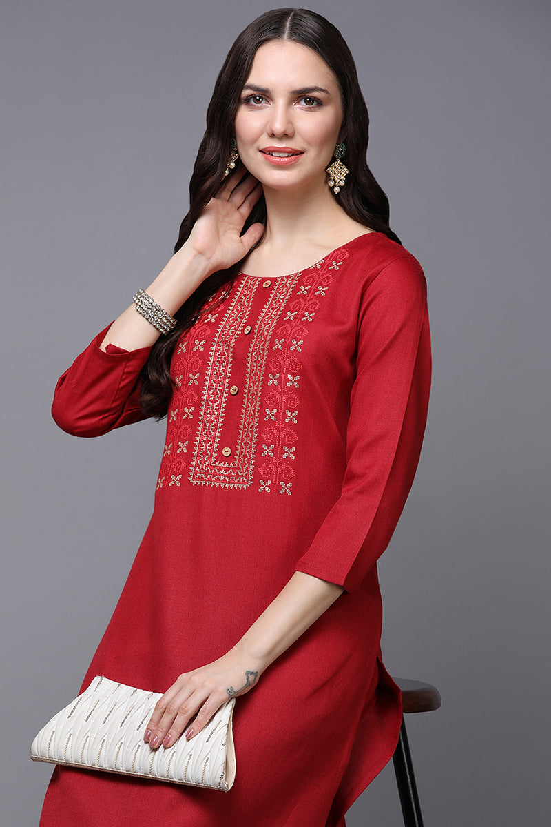 Red Silk Blend Ethnic Motifs Straight Kurta VCK9479