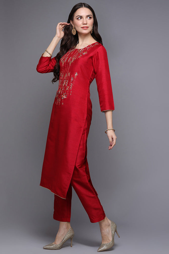 Red Silk Blend Floral Straight Kurta VCK9486