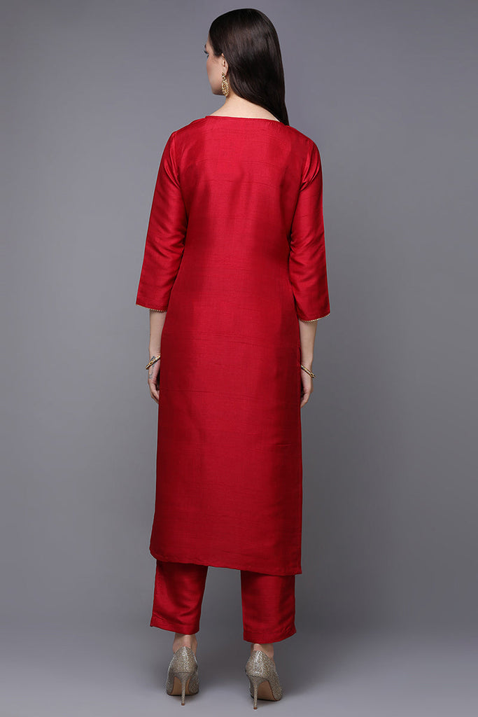 Red Silk Blend Floral Straight Kurta VCK9486