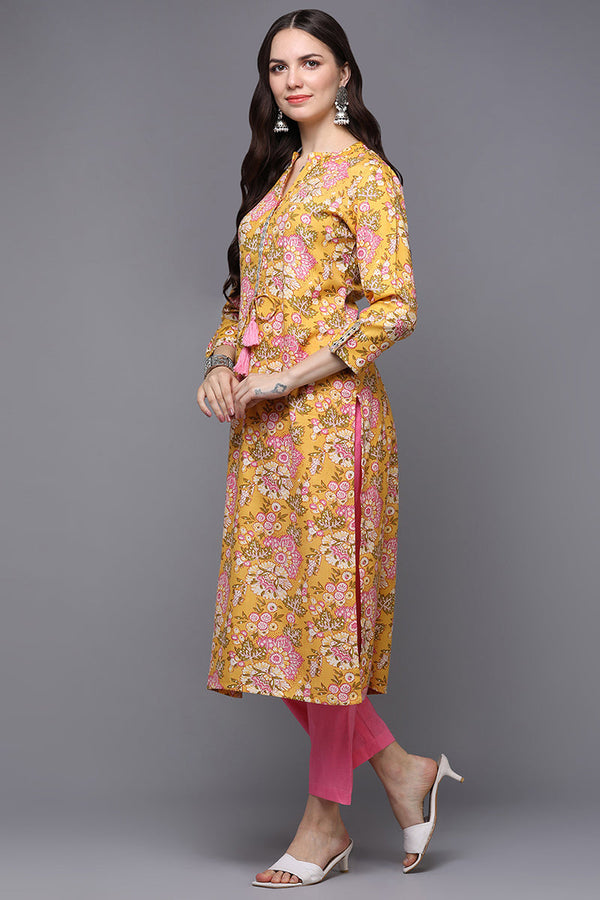Yellow Cotton Blend Floral Straight Kurta VCK9491