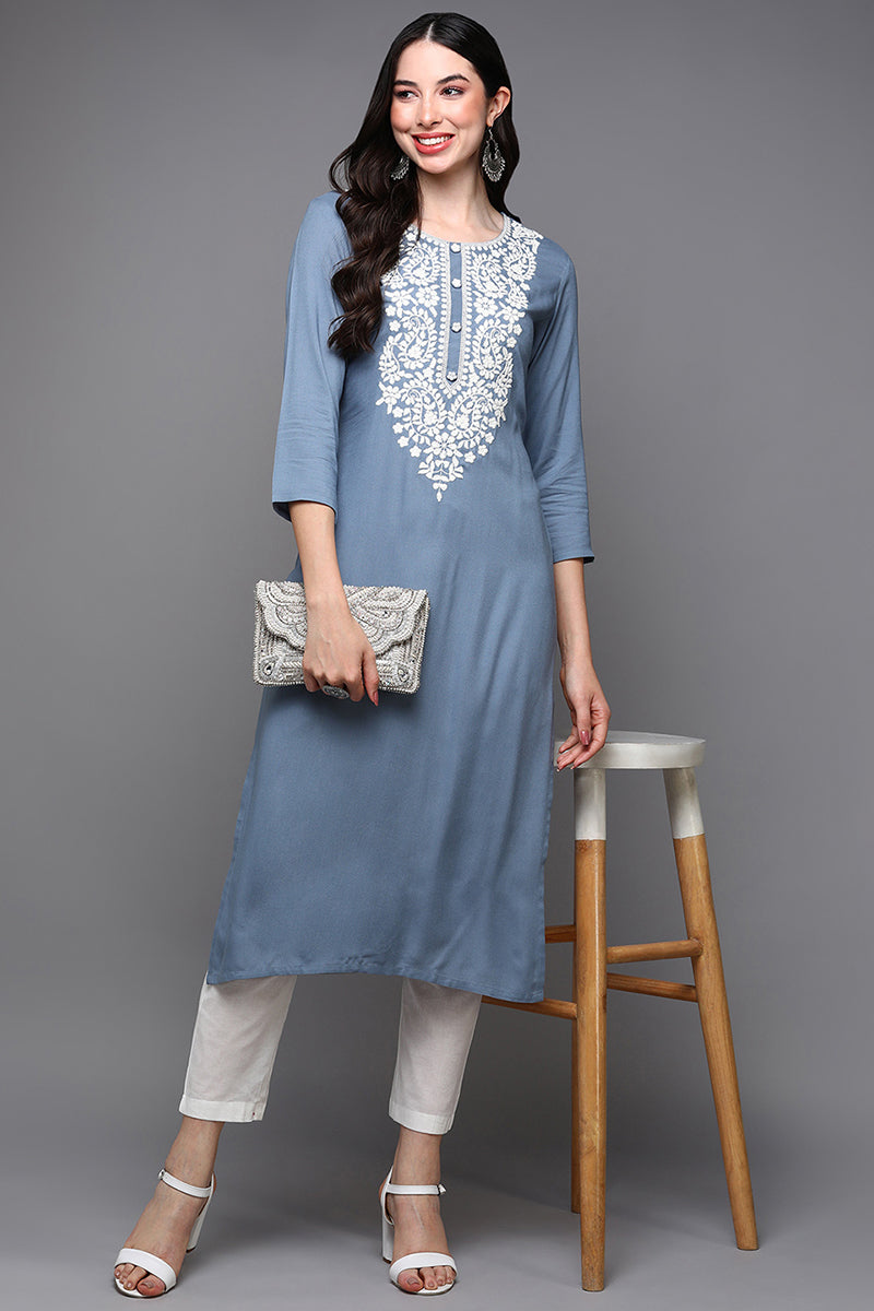 Blue Viscose Rayon Ethnic Motifs Straight Kurta VCK9492