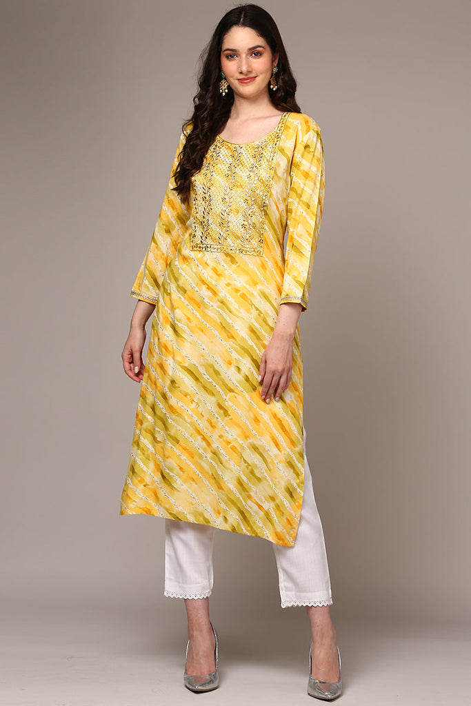 Yellow Viscose Rayon Leheriya Printed Straight Kurta VCK9496