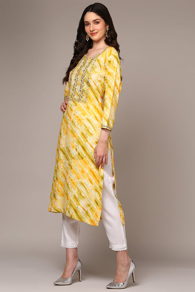 Yellow Viscose Rayon Leheriya Printed Straight Kurta VCK9496