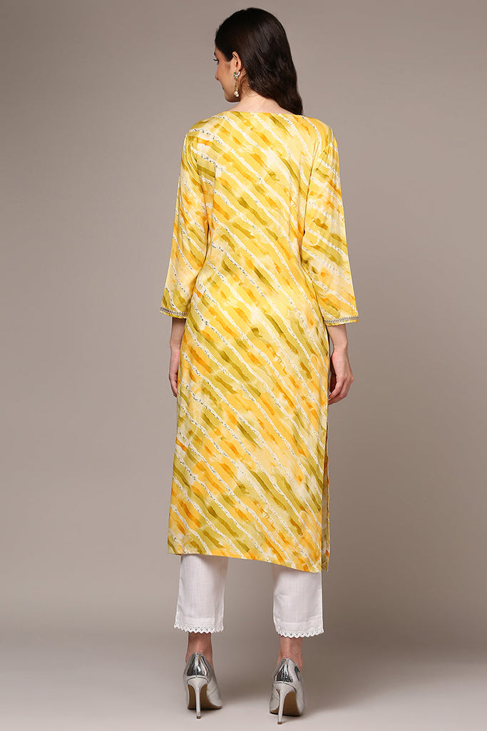 Yellow Viscose Rayon Leheriya Printed Straight Kurta VCK9496