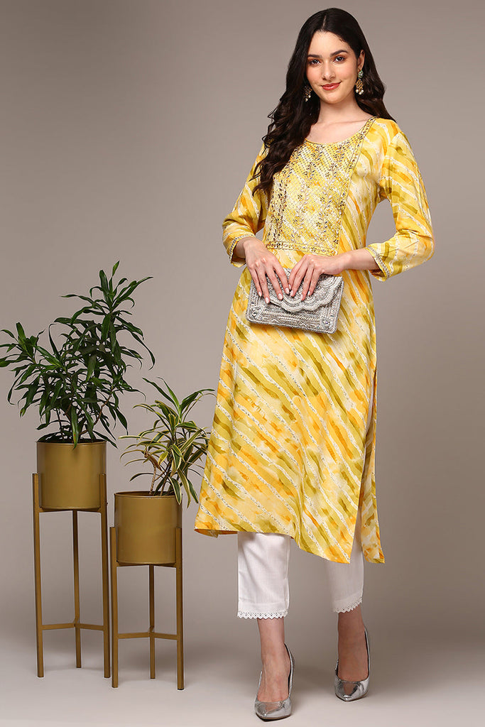 Yellow Viscose Rayon Leheriya Printed Straight Kurta VCK9496