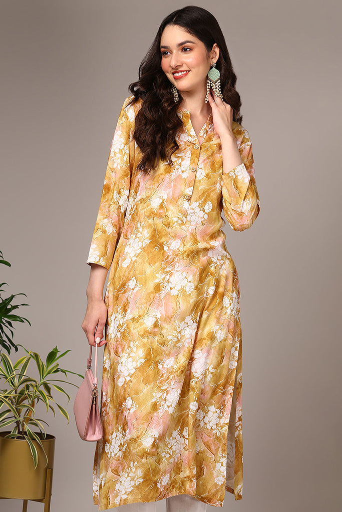 Yellow Viscose Rayon Floral Printed Straight Kurta VCK9501