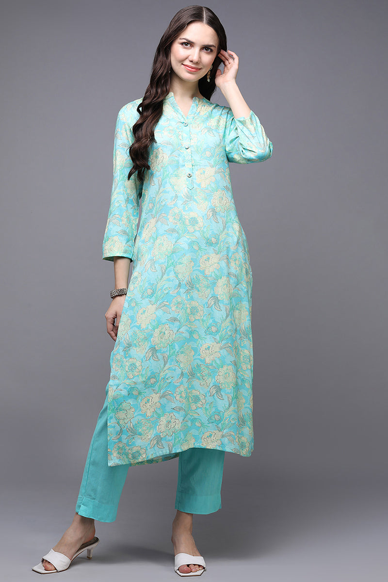 Turquoise Blue Viscose Rayon Floral Straight Kurta VCK9506