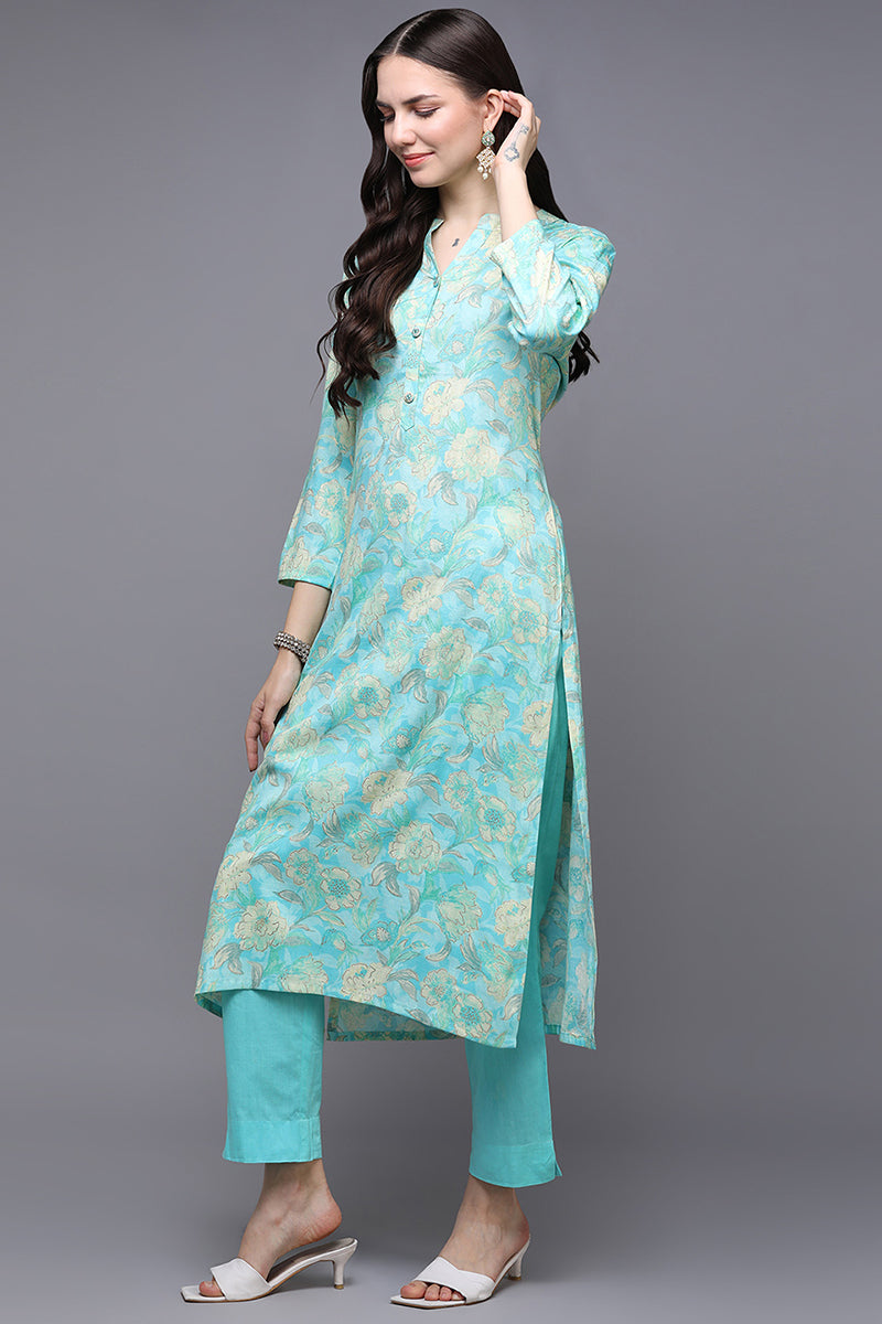 Turquoise Blue Viscose Rayon Floral Straight Kurta VCK9506