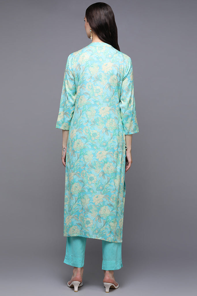 Turquoise Blue Viscose Rayon Floral Straight Kurta VCK9506