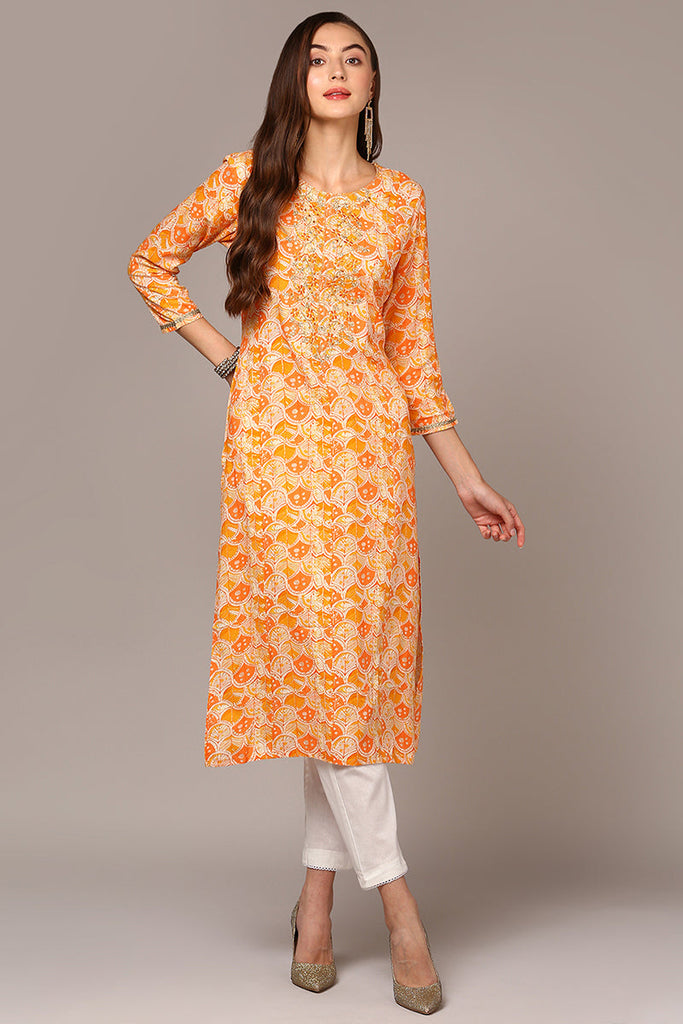 Orange Viscose Rayon Embroidered Kurta VCK9509