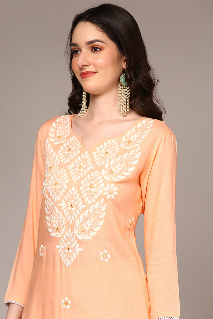 Orange Viscose Rayon Embroidered Kurta VCK9515