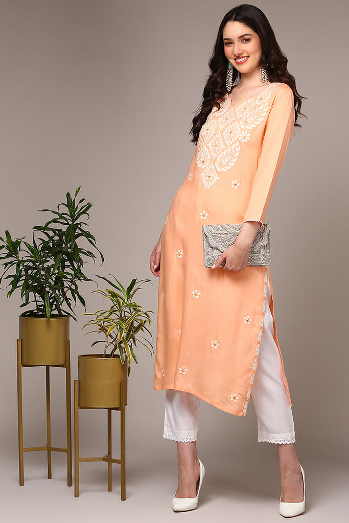 Orange Viscose Rayon Embroidered Kurta VCK9515