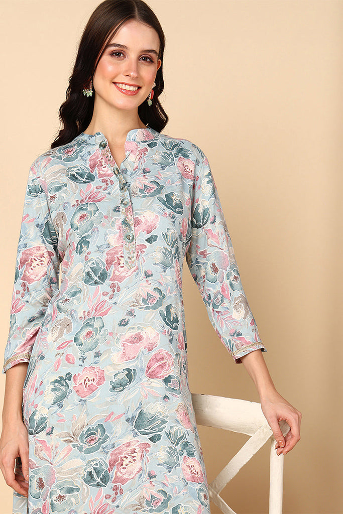 Blue Viscose Rayon Floral Printed Kurta VCK9518