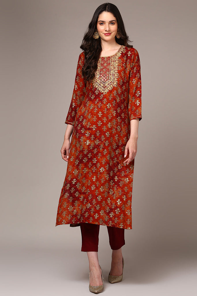 Orange Viscose Rayon Embroidered Kurta VCK9522
