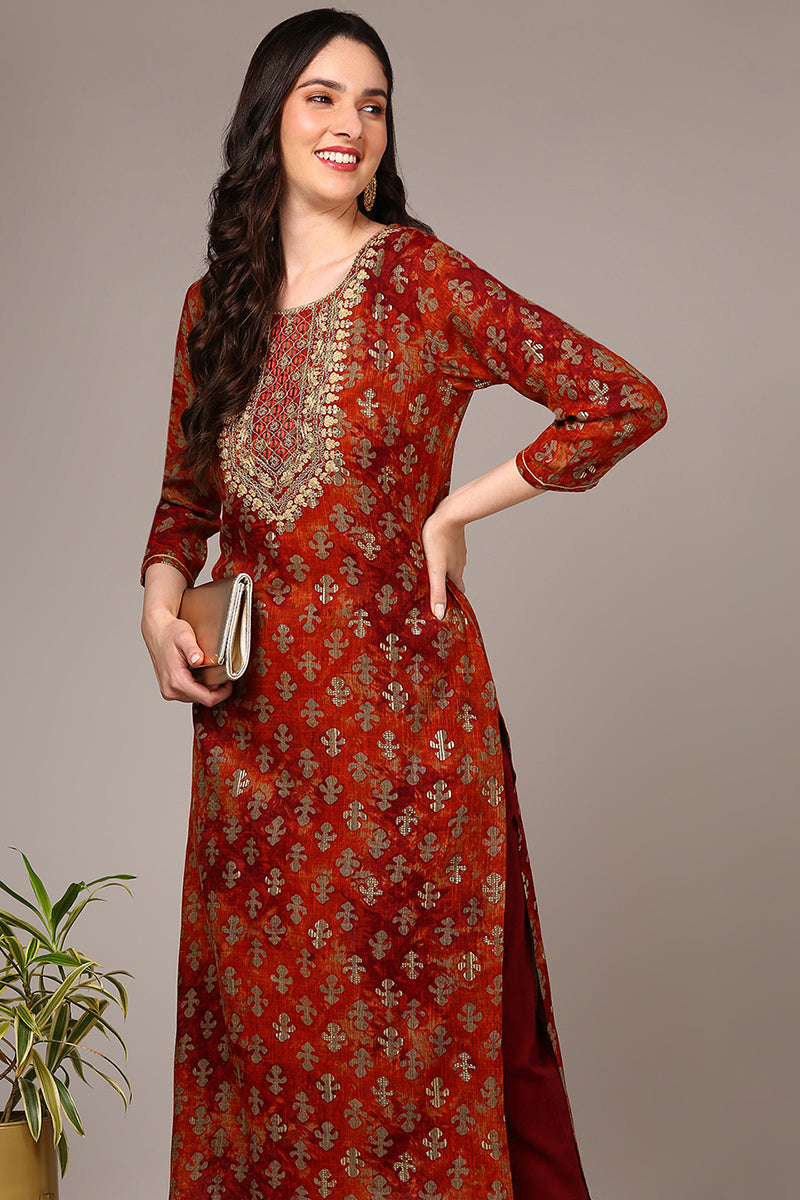 Orange Viscose Rayon Embroidered Kurta VCK9522