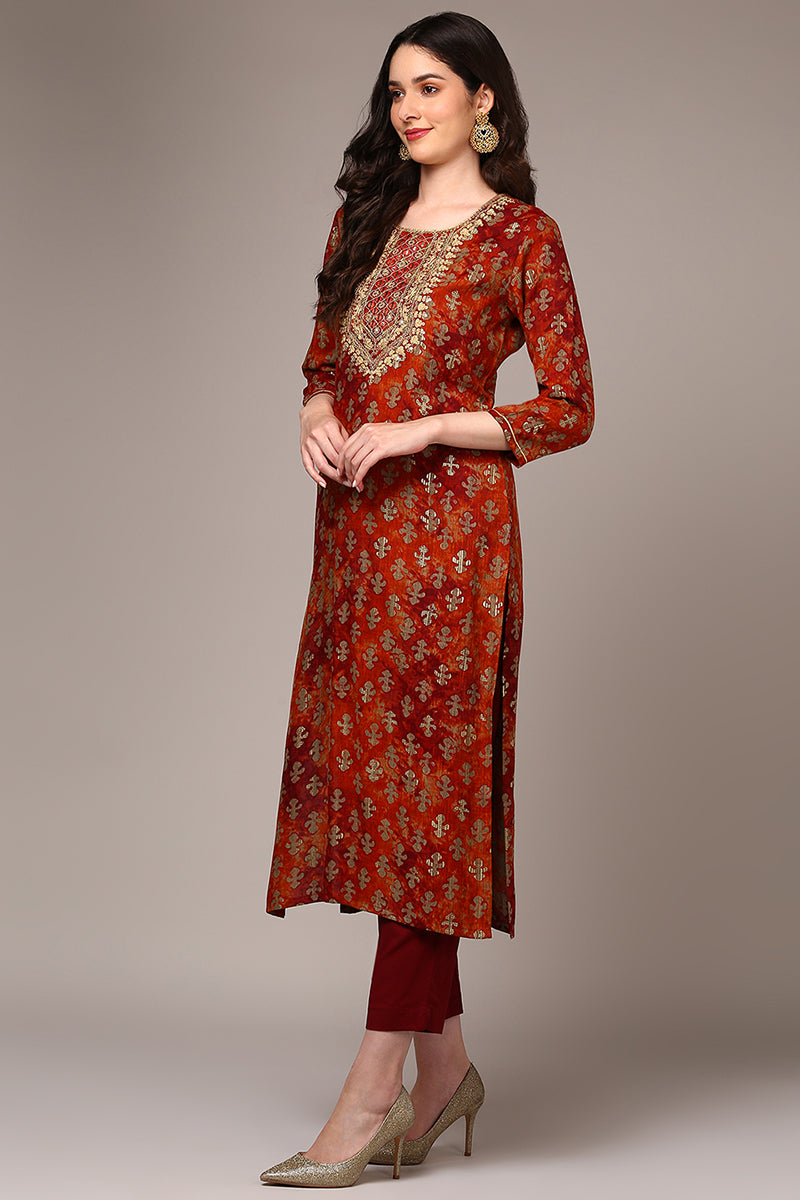 Orange Viscose Rayon Embroidered Kurta VCK9522