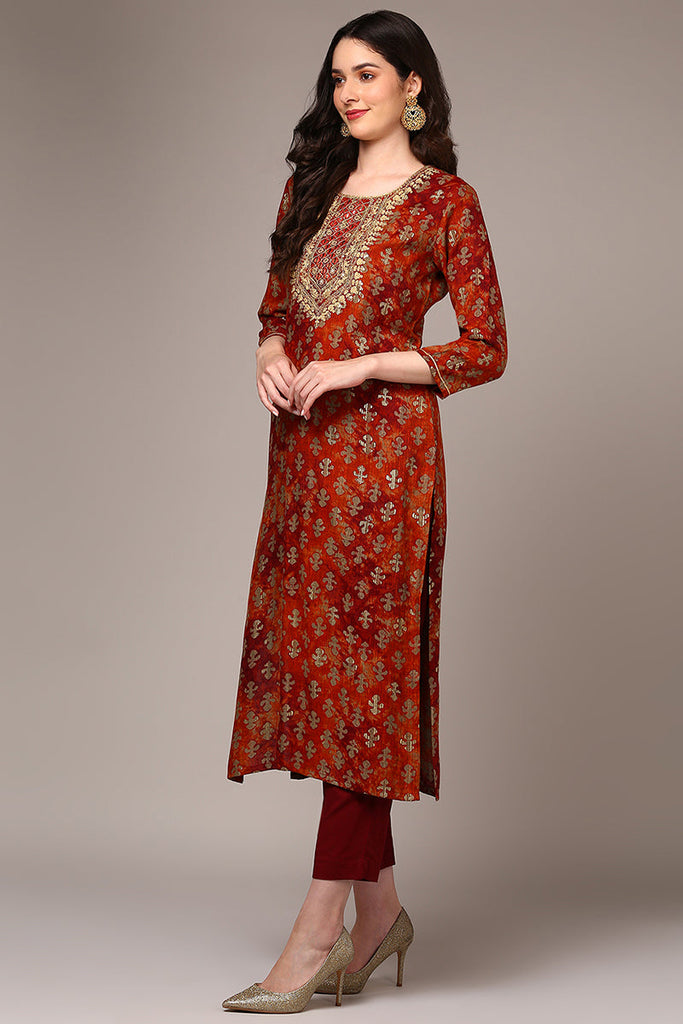 Orange Viscose Rayon Embroidered Kurta VCK9522