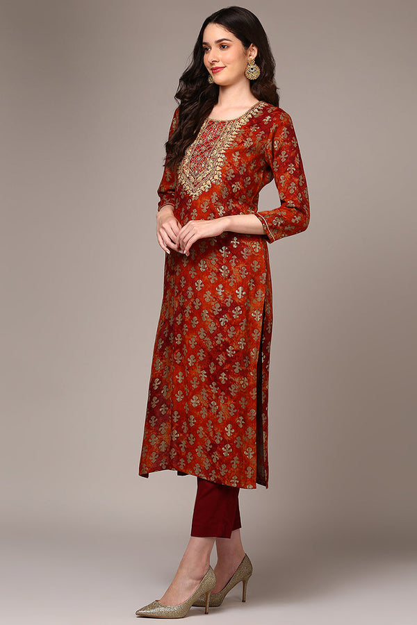 Orange Viscose Rayon Embroidered Kurta VCK9522