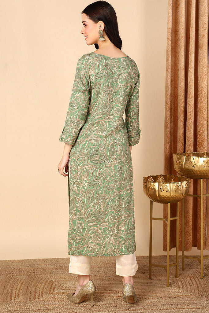 Green Viscose Rayon Ethnic Motifs Printed Straight Kurta VCK9523