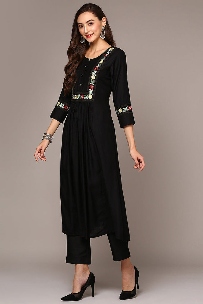 Black Viscose Rayon Embroidered Flared Kurta VCK9535