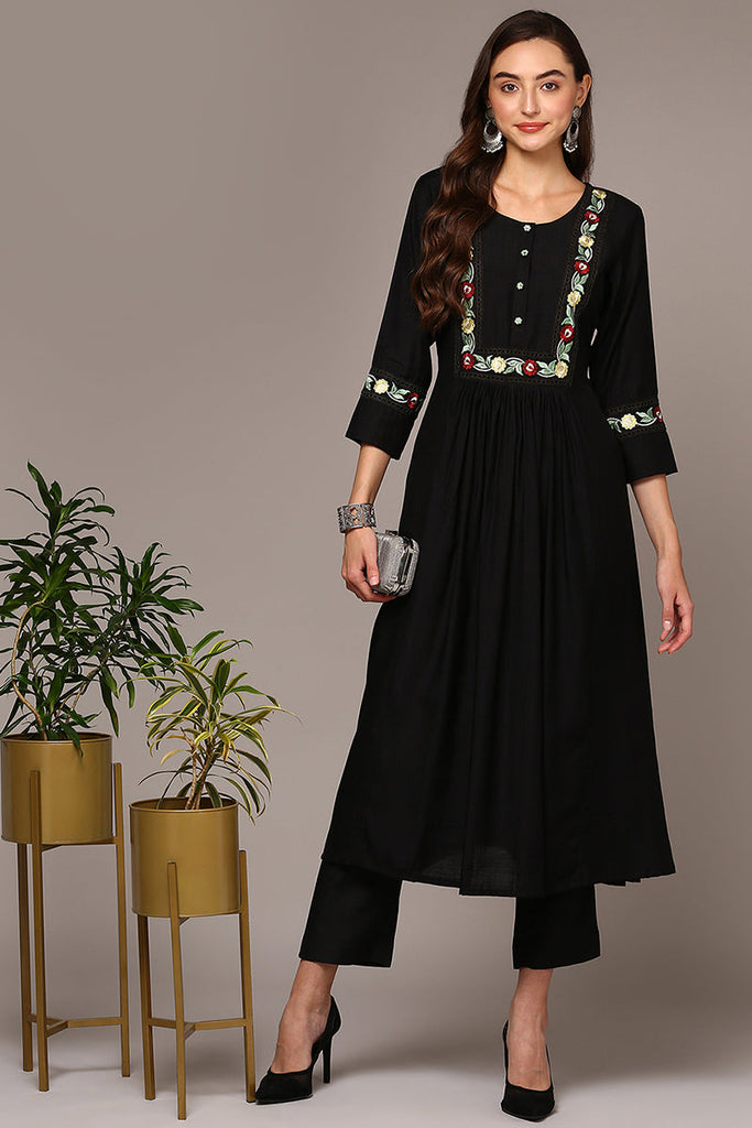 Black Viscose Rayon Embroidered Flared Kurta VCK9535