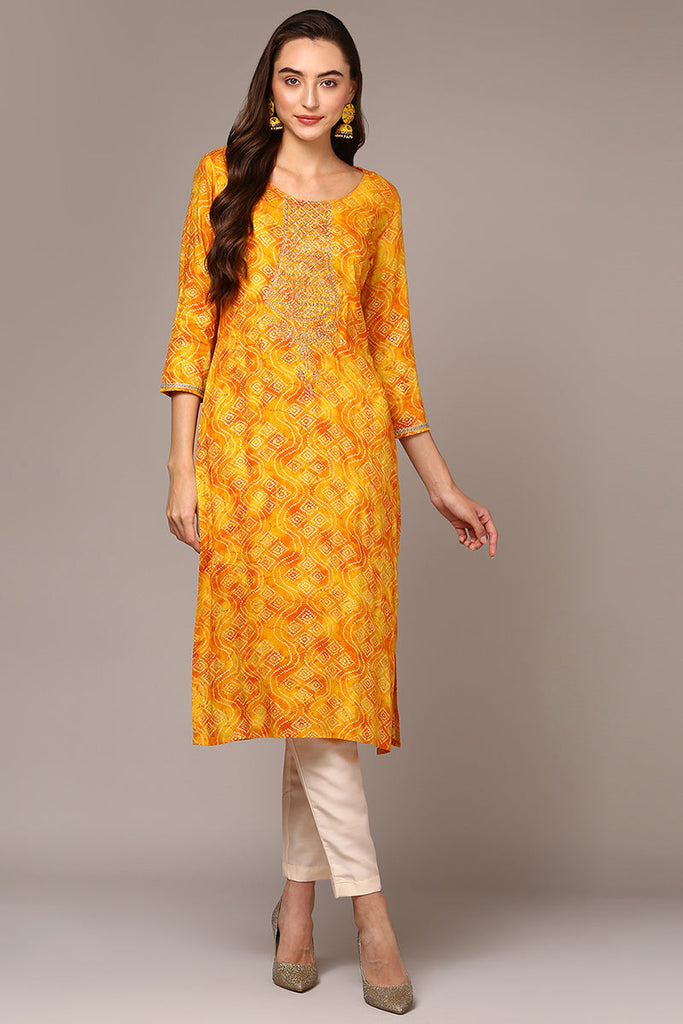 Yellow Viscose Rayon Bandhani Printed Straight Kurta VCK9540