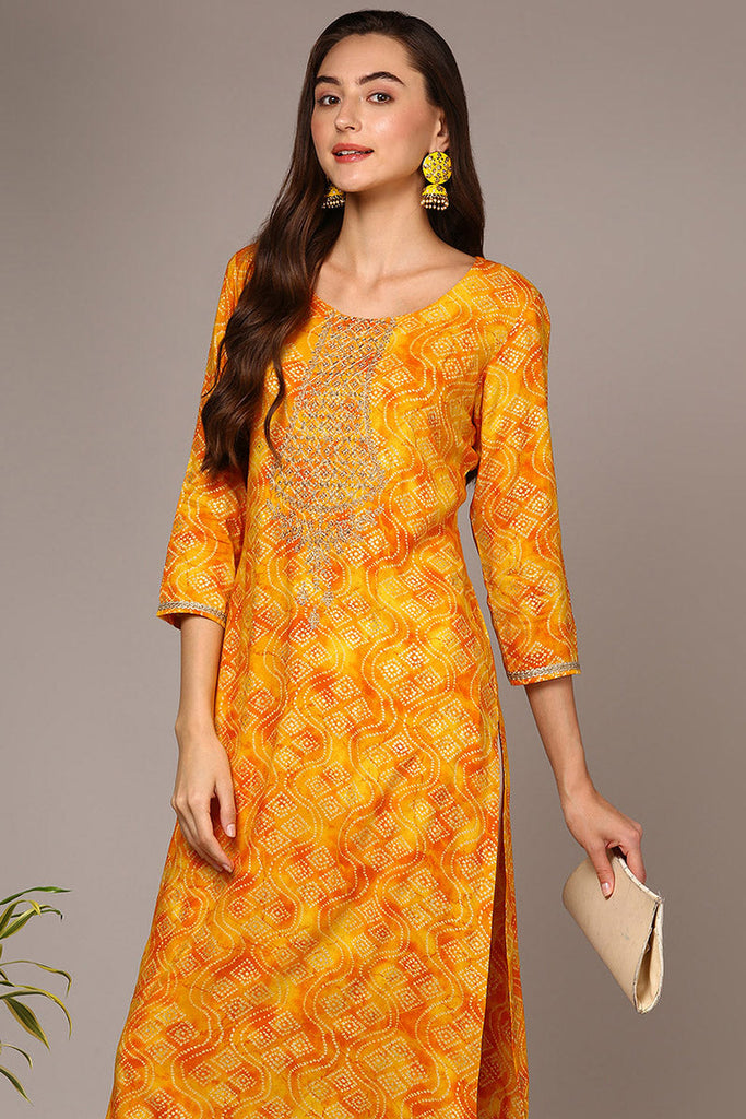 Yellow Viscose Rayon Bandhani Printed Straight Kurta VCK9540