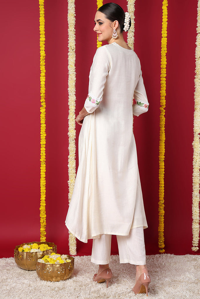 Off White Silk Blend Solid Embroidered Flared Kurta VCK9542