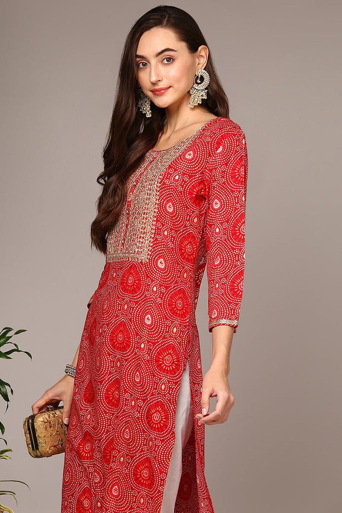 Red Viscose Rayon Bandhani Straight Kurta VCK9546