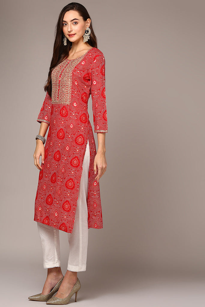 Red Viscose Rayon Bandhani Straight Kurta VCK9546