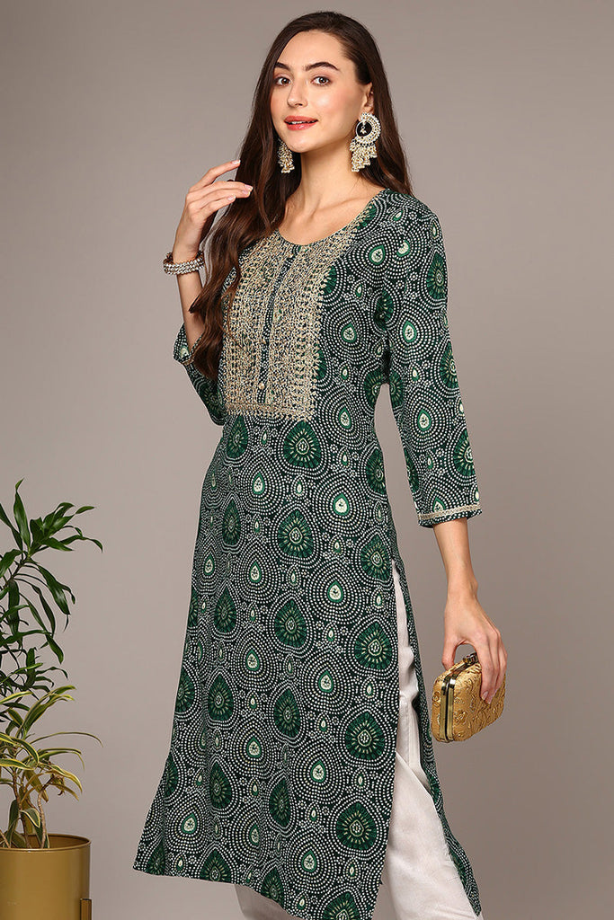 Green Viscose Rayon Bandhani Straight Kurta VCK9547