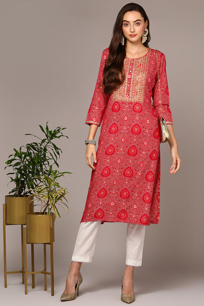 Pink Viscose Rayon Bandhani Straight Kurta VCK9548