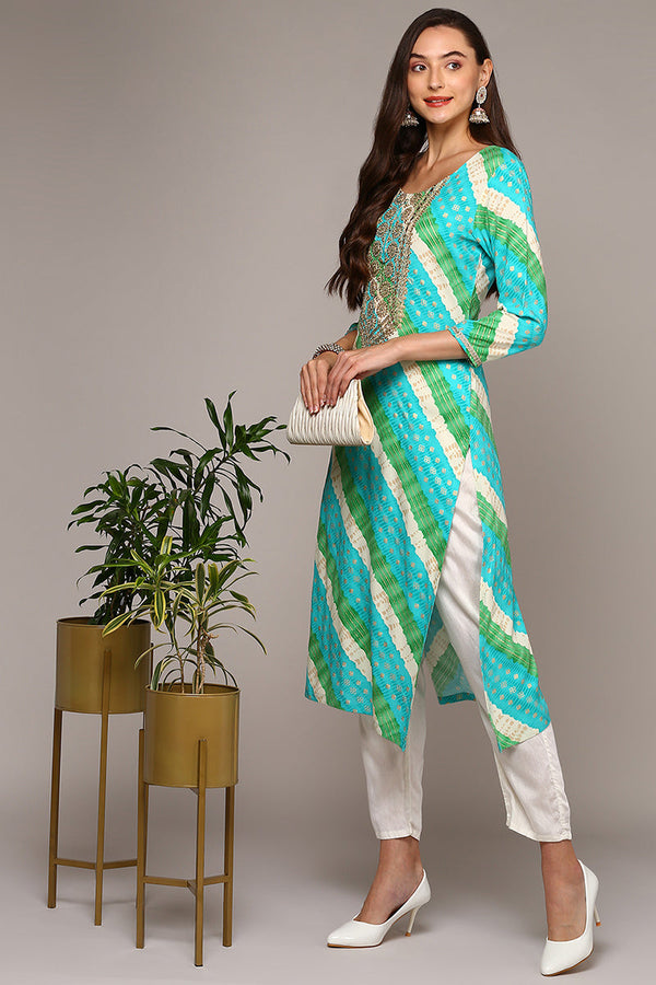 Blue Viscose Rayon Leheriya Straight Kurta VCK9556