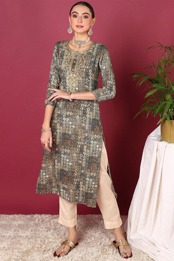 Blue Viscose Rayon Ethnic Motifs Printed Straight Kurta VCK9581