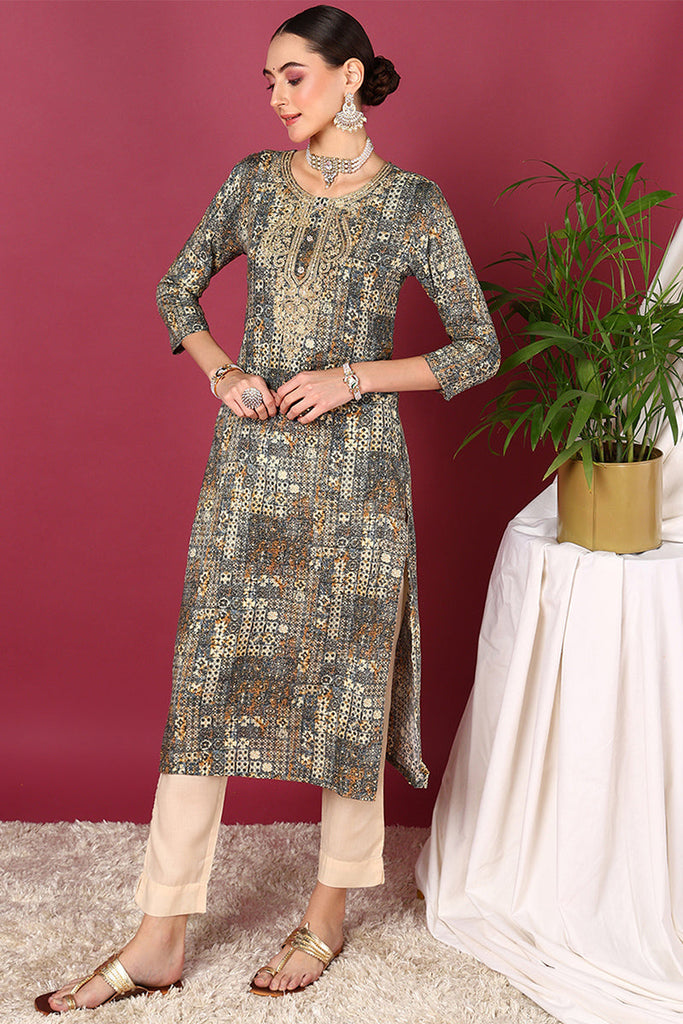 Blue Viscose Rayon Ethnic Motifs Printed Straight Kurta VCK9581