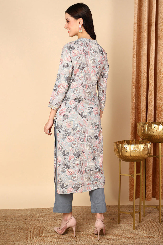 Grey Viscose Rayon Floral Printed Straight Kurta VCK9593