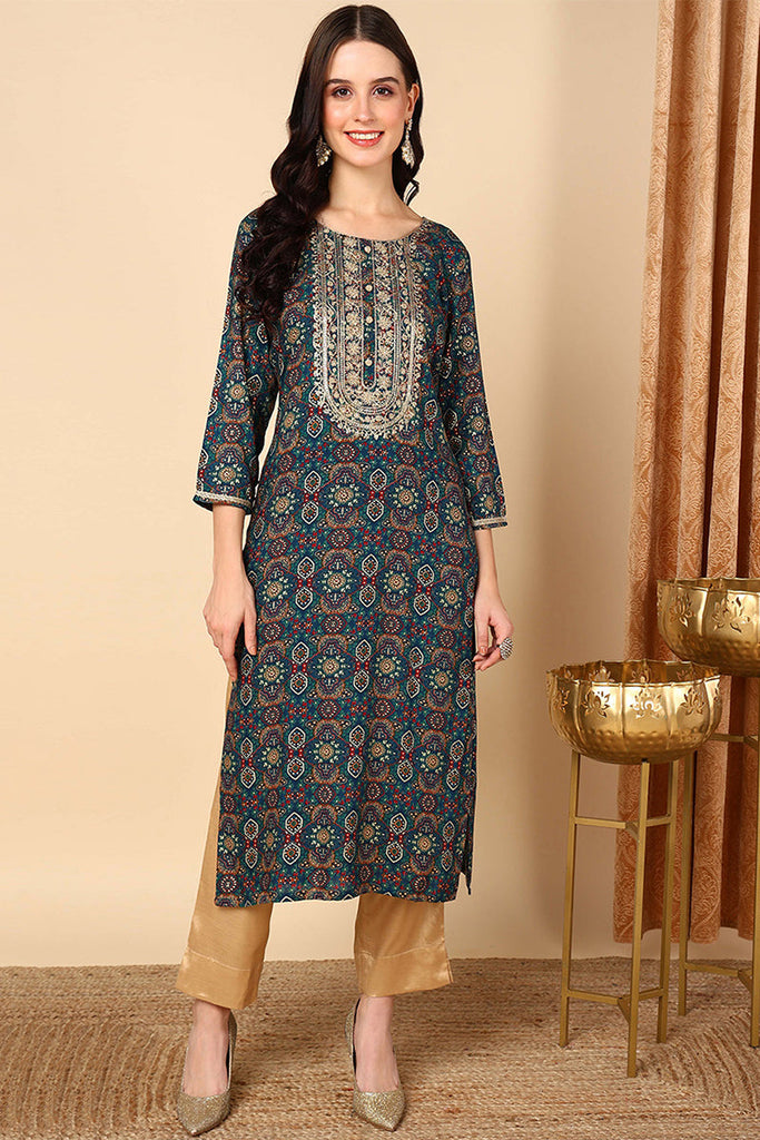 Blue Viscose Rayon Bandhani Printed Straight Kurta VCK9596