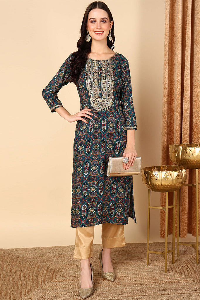 Blue Viscose Rayon Bandhani Printed Straight Kurta VCK9596