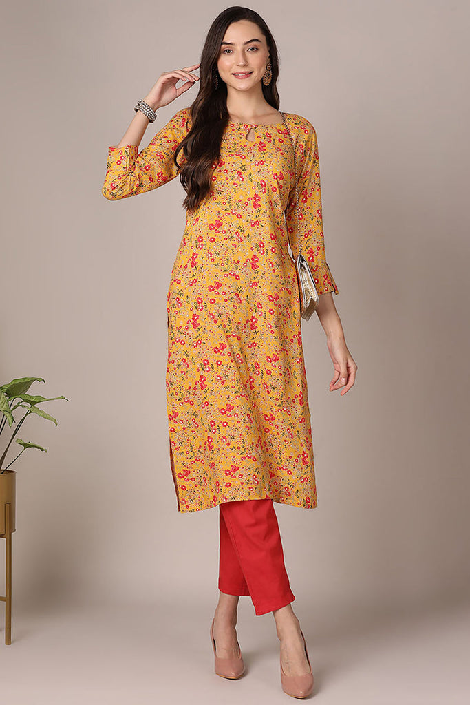 Yellow Viscose Rayon Floral Printed Straight Kurta VCK9600