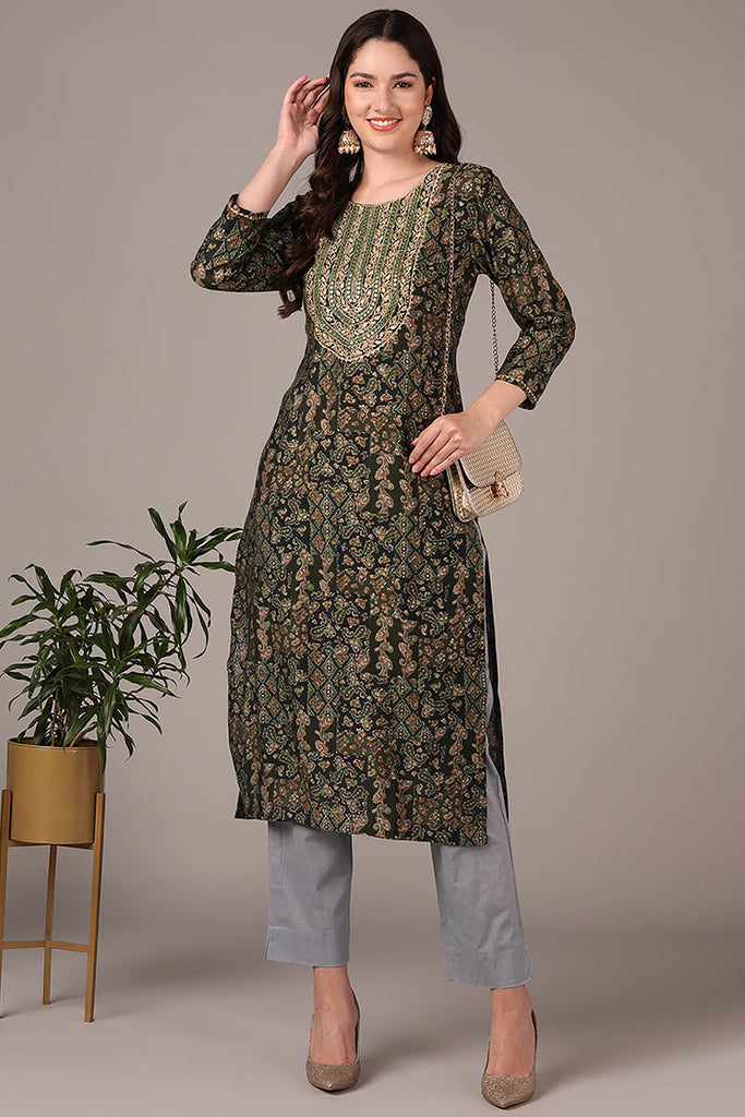 Green Silk Blended Ethnic Motifs Printed Mirror Work Straight Kurta VCK9604