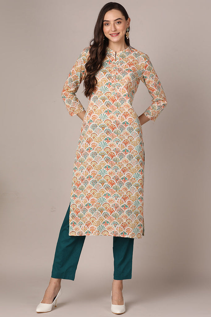 White Cotton Ethnic Motifs Printed Straight Kurta VCK9619