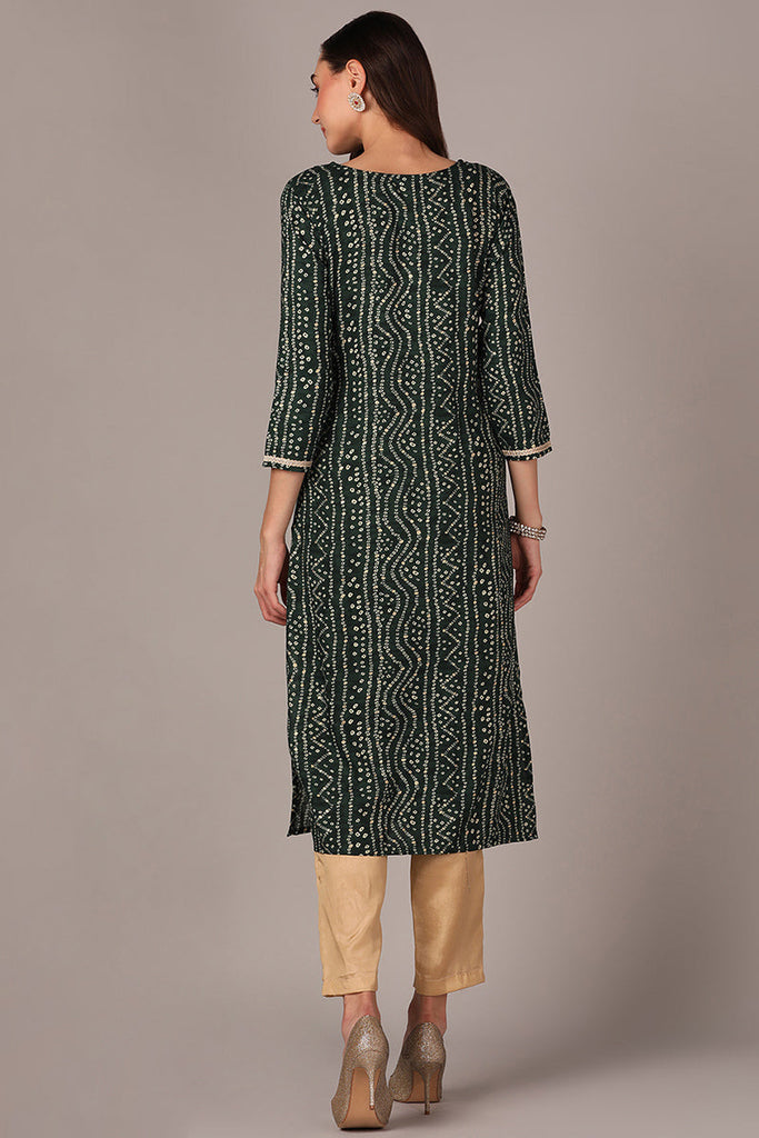 Green Viscose Rayon Bandhani Embroidered Straight Kurta VCK9621