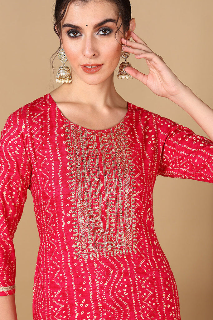 Pink Viscose Rayon Bandhani Embroidered Straight Kurta VCK9622