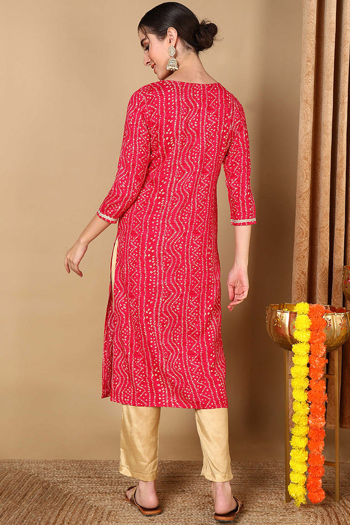 Pink Viscose Rayon Bandhani Embroidered Straight Kurta VCK9622